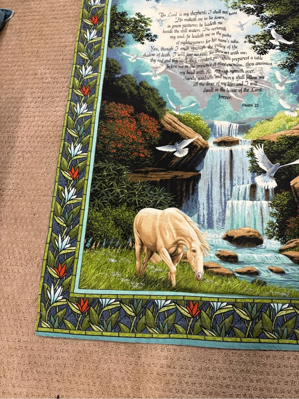 Hand Crafted Multicolor Waterfall Tapestry with Horse and Doves